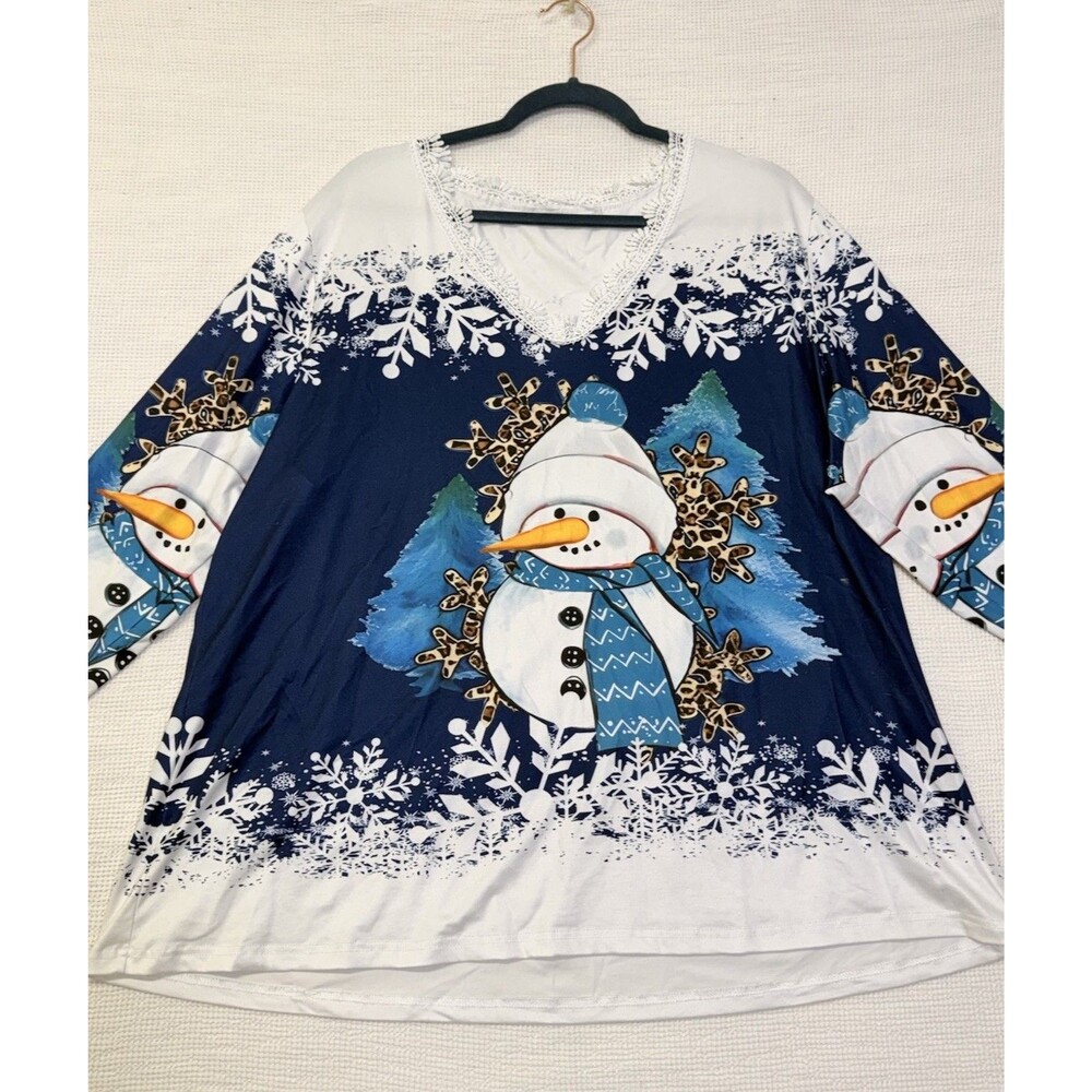 Womens Long Sleeve Top Winter Christmas Snowman Print V-Neck Shirt Lace 3XL